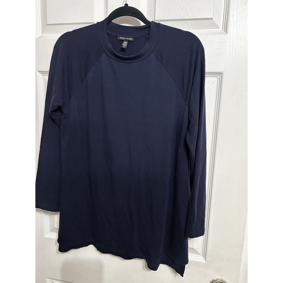 Elieen Fisher Small Navy Blue Long Sleeve Tunic Shirt Top Side Tencel Cozy Soft - Picture 4 of 11